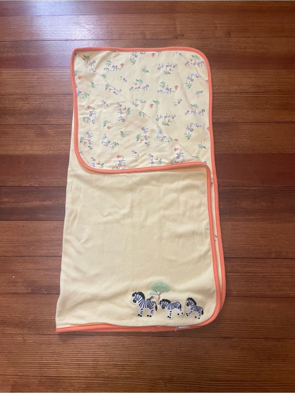 Vintage Gymboree Reversible Baby Blanket with Coral Trim and Zebra Appliqué